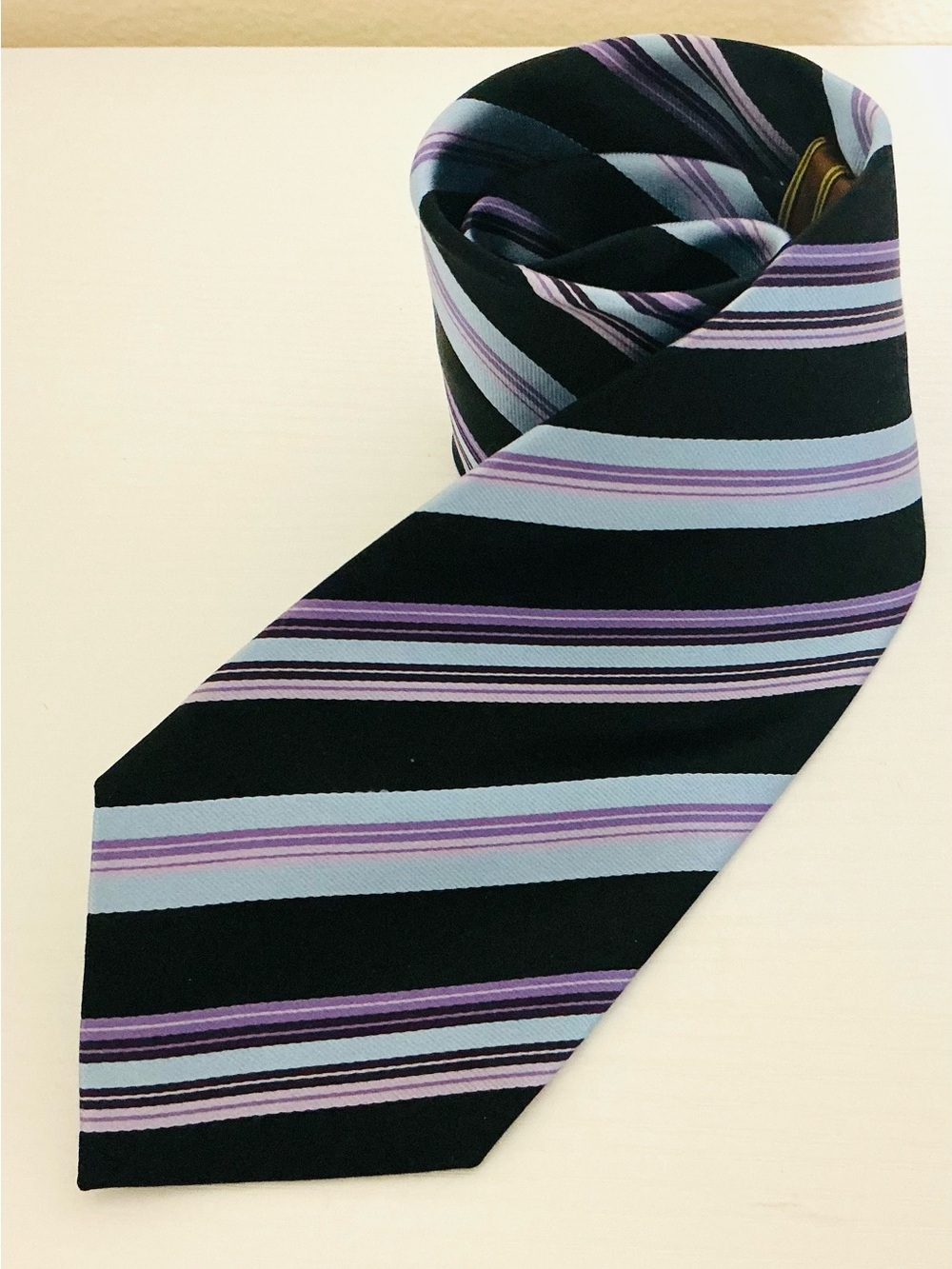 BCBG Black Stripe Men’s Tie with Purple & Light Blue Accents